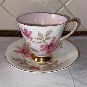 RARe Vintage Old Royal Bone China Footed Teacup Saucer  Pink Floral Gold accent